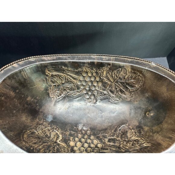 Vintage Brass Table Centerpiece Bowl Pedestal Embossed Fruit with Handles 16" L - Picture 6 of 14